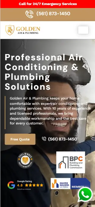 Golden Air and Plumbing website mobile preview screen 1