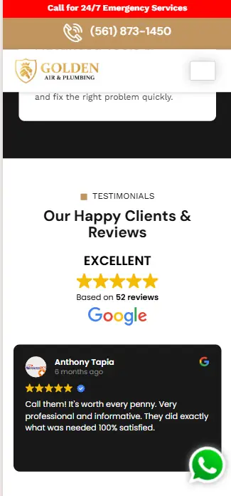 Golden Air and Plumbing website mobile preview screen 2