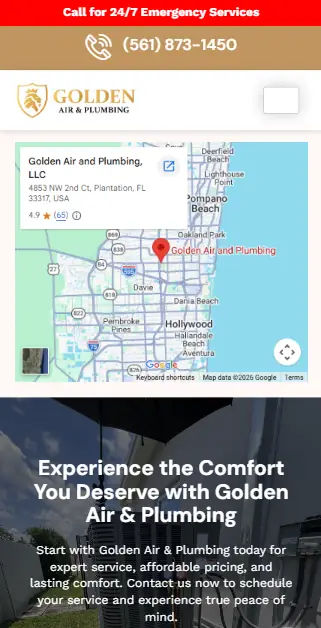 Golden Air and Plumbing website mobile preview screen 3